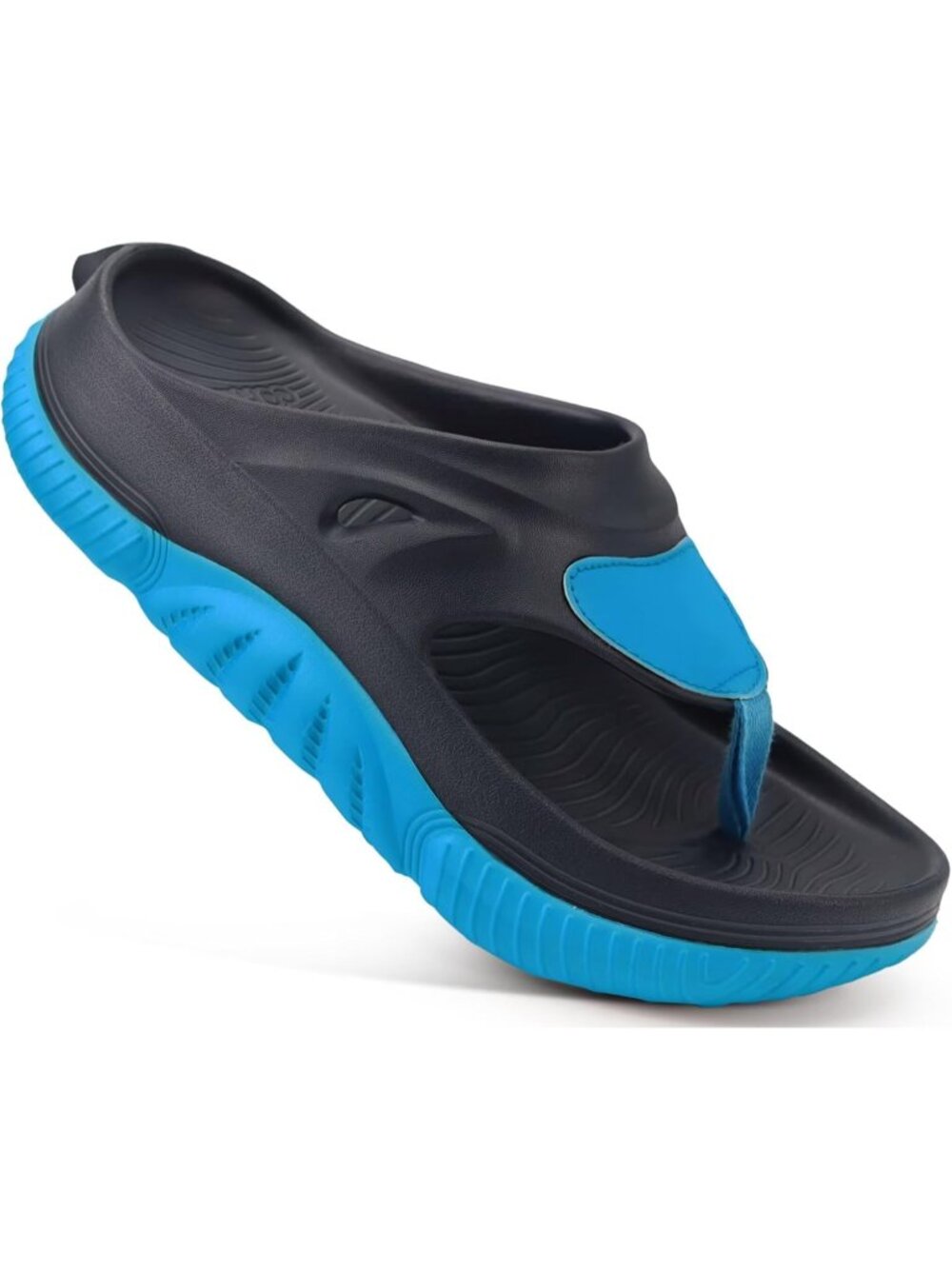Men's Blue Black Orthopedic Footbed Flip Flops Fabric Toe Post Beach Sandals